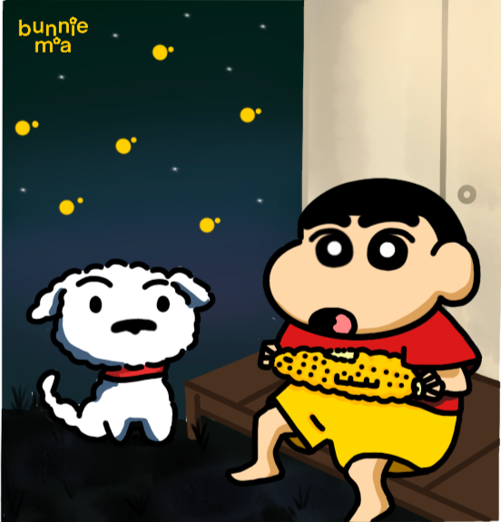 shin chan and his dog enjoying the summer nights by eating a corn. There's also fireflies in the sky